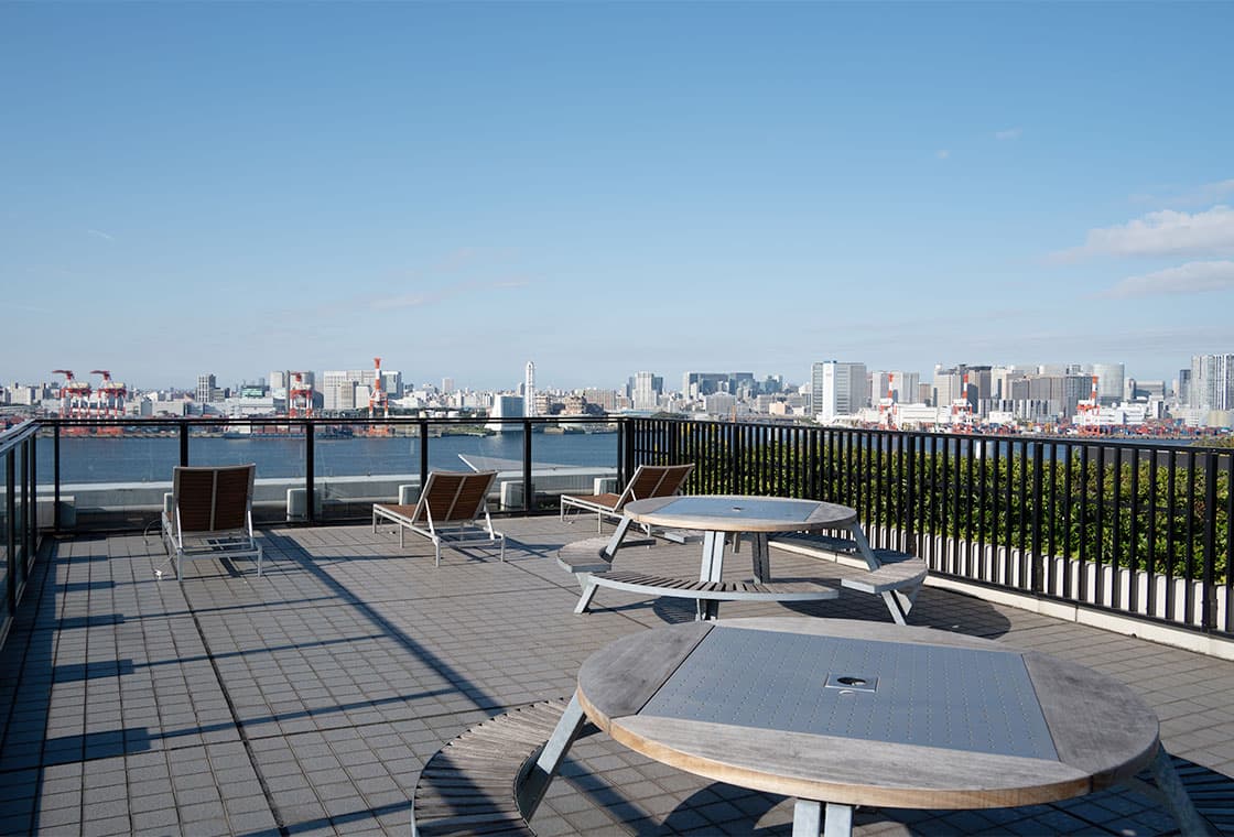 Rooftop terrace with Tokyo skyline